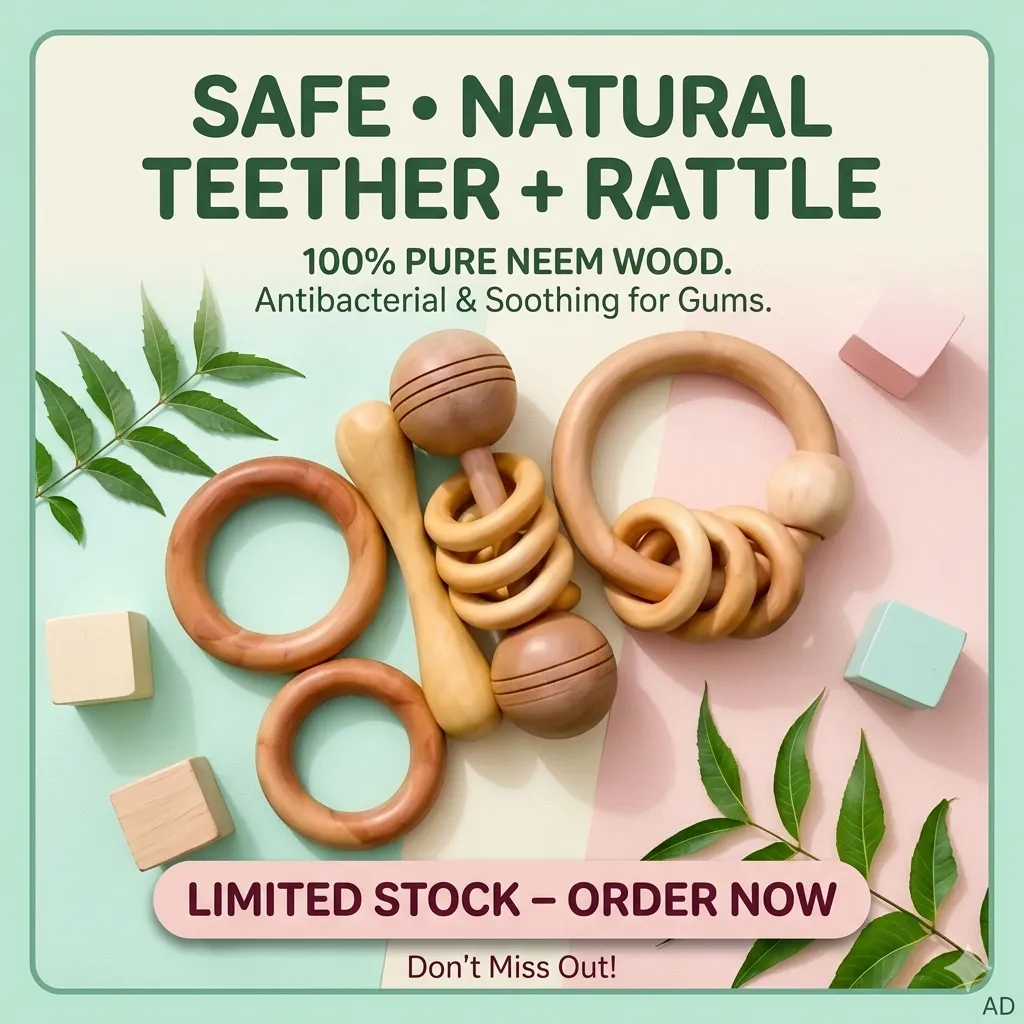 Baby’s First Teether - Natural Neem Wood Rattle for Safe Teething Relief — Baby Essentials, view 2