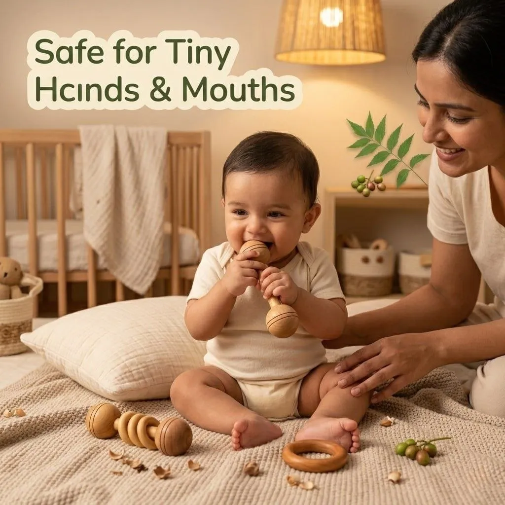 Baby’s First Teether - Natural Neem Wood Rattle for Safe Teething Relief — Baby Essentials, view 3