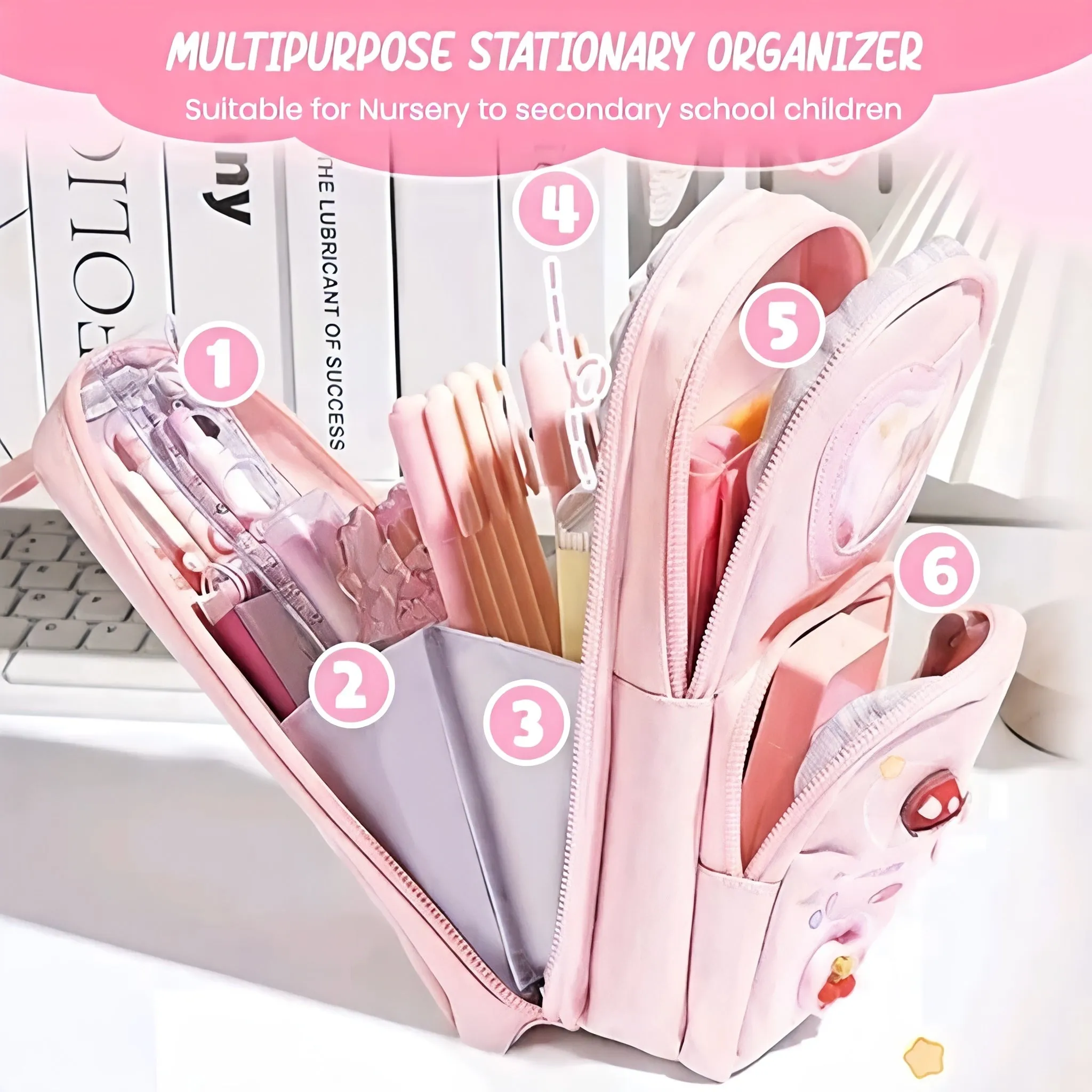 Make Your Child’s School Life Organized. PINK Smart pencil case with multiple compartments  No more messy bags!     Premium Large Capacity Cute Aesthetic Pencil Pouch for Girls & Kids (PINK) — Study Essentials Online, view 7