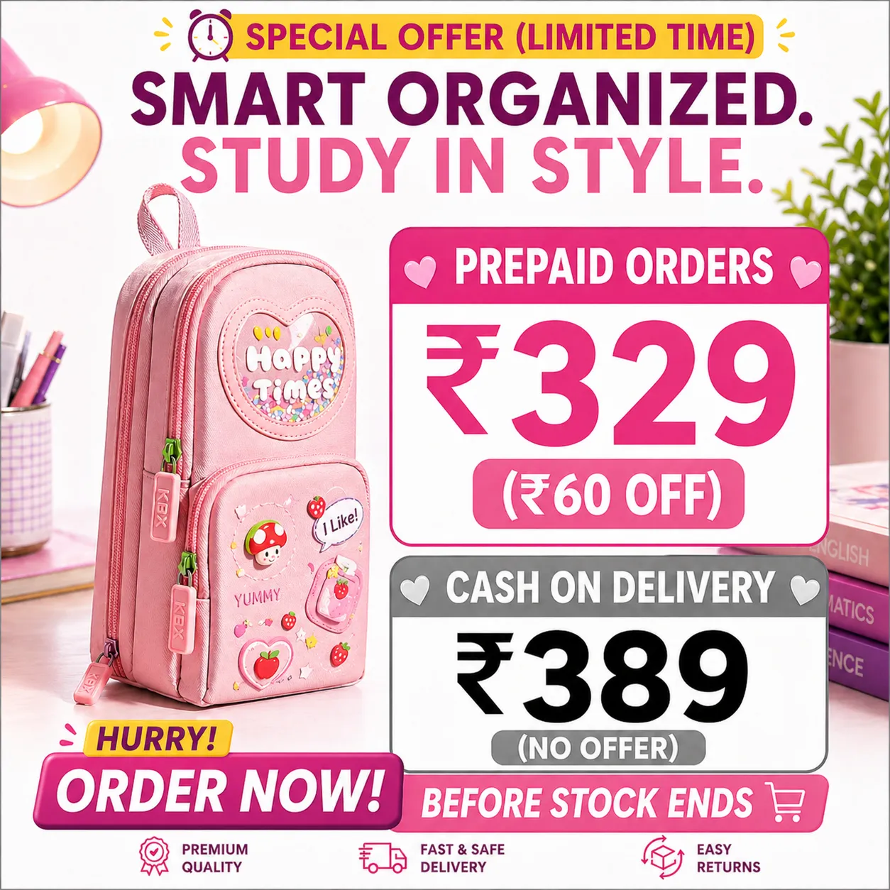 Make Your Child’s School Life Organized. PINK Smart pencil case with multiple compartments  No more messy bags!     Premium Large Capacity Cute Aesthetic Pencil Pouch for Girls & Kids (PINK) — Study Essentials Online, view 3