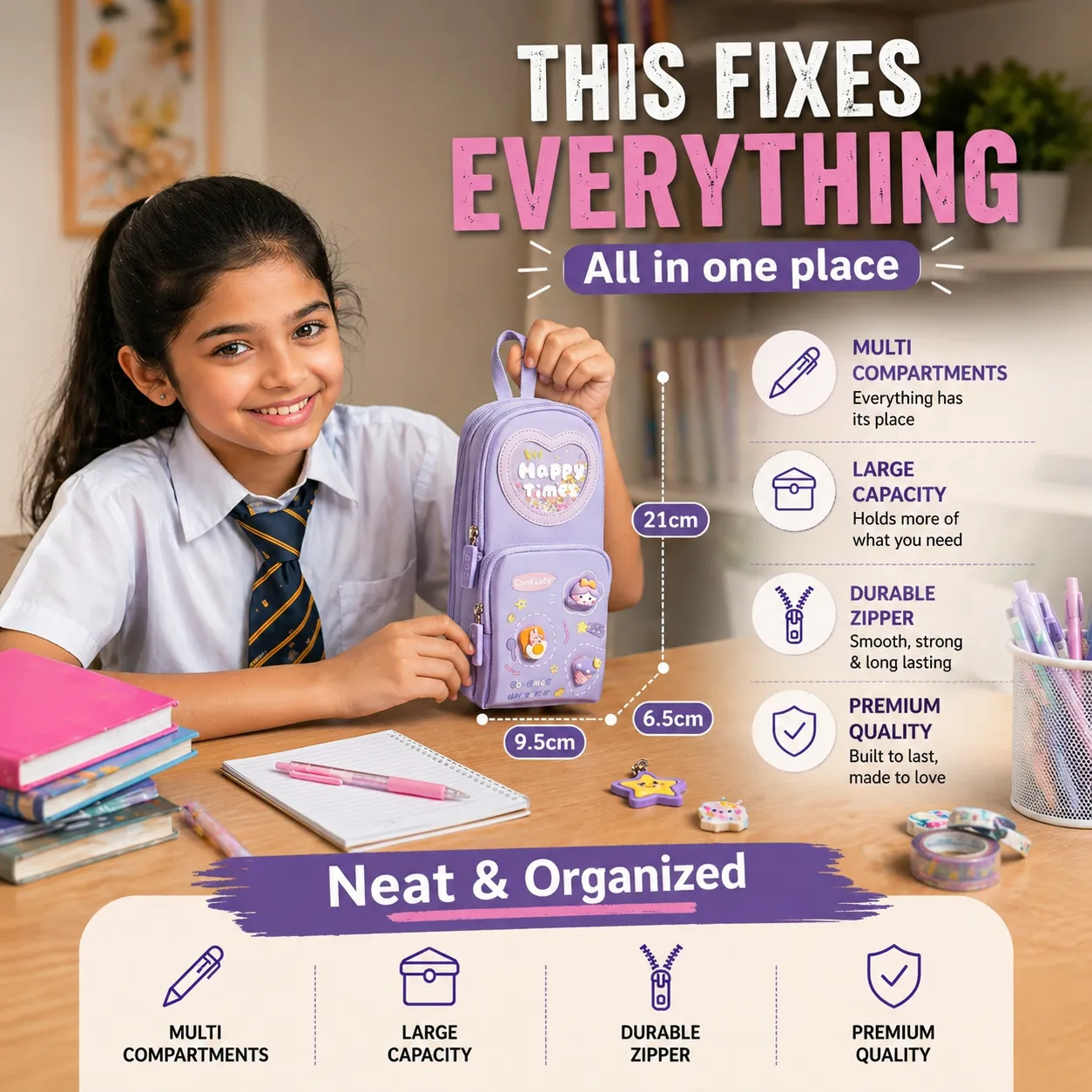 Make Your Child’s School Life Organized. Smart pencil case with multiple compartments  No more messy bags!     Premium Large Capacity Cute Aesthetic Pencil Pouch for Girls & Kids (Purple) — Study Essentials Online, view 4