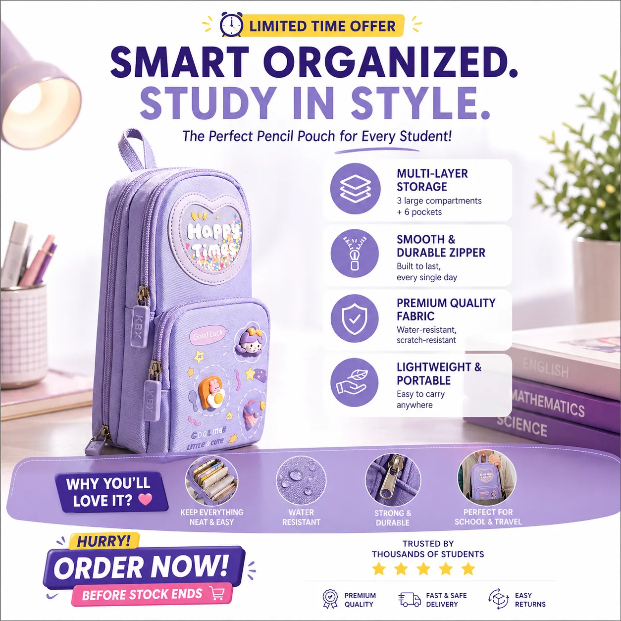 Make Your Child’s School Life Organized. Smart pencil case with multiple compartments  No more messy bags!     Premium Large Capacity Cute Aesthetic Pencil Pouch for Girls & Kids (Purple) — Study Essentials Online, view 6
