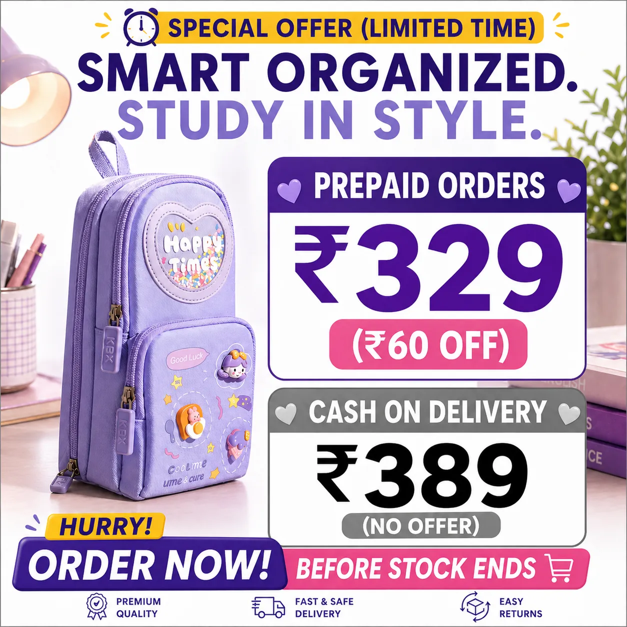 Make Your Child’s School Life Organized. Smart pencil case with multiple compartments  No more messy bags!     Premium Large Capacity Cute Aesthetic Pencil Pouch for Girls & Kids (Purple) — Study Essentials Online, view 2